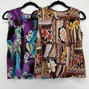 BUNDLE 2 Womens Plisse Pleated Sleeveless Blouses Tropical Floral Office Vintage
